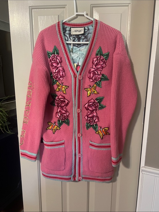 Ed Hardy Sweaters - Ed Hardy Pink and Aqua Striped Knit Cardigan